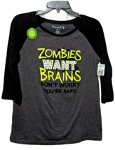 Zombies Want Brains Don&#39;t Worry Your Safe T-Shirt Girls Boys 3/4 Sleeve M 7-9 - £6.84 GBP