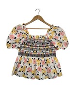 Kate Spade Top Womens Large White Floral Lily Blossom Smocked Puff Sleev... - $94.76 CAD