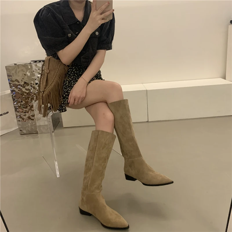 2023 New Western boy Women Long Boot Low Heel Ladies Pointed Toe Knee High Boots - £99.14 GBP