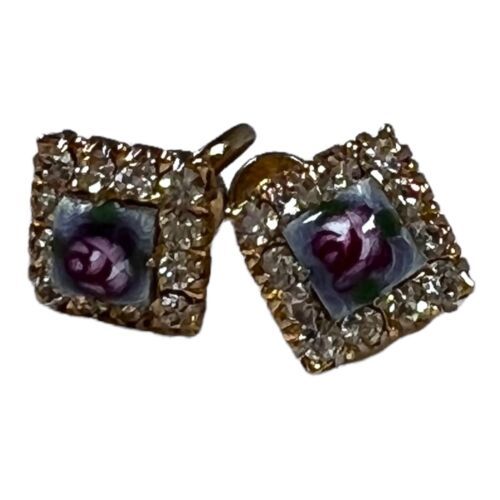 Primary image for Vintage Estate Hand Painted Rose Cameo Enamel Clip On Screw Back Earrings 