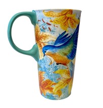Tall Coffee Mug Birds Teal Porcelain Latte Tea Floral Blue Yellow 17oz - $241.04 MXN