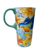 Tall Coffee Mug Birds Teal Porcelain Latte Tea Floral Blue Yellow 17oz - $241.04 MXN