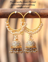 Indian Bollywood Style Enameled Gray CZ Bali Hoop Jhumka Earrings Jewelry Set - £30.36 GBP