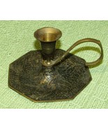 VINTAGE BRASS CANDLE STICK HOLDER WITH DRIP TRAY HAND HELD INDIA PATINA ... - £10.07 GBP