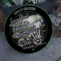 Vintage 1953 Iron Steed Harley-Davidson Motorcycle Porcelain Gas &amp; Oil Sign - $125.00