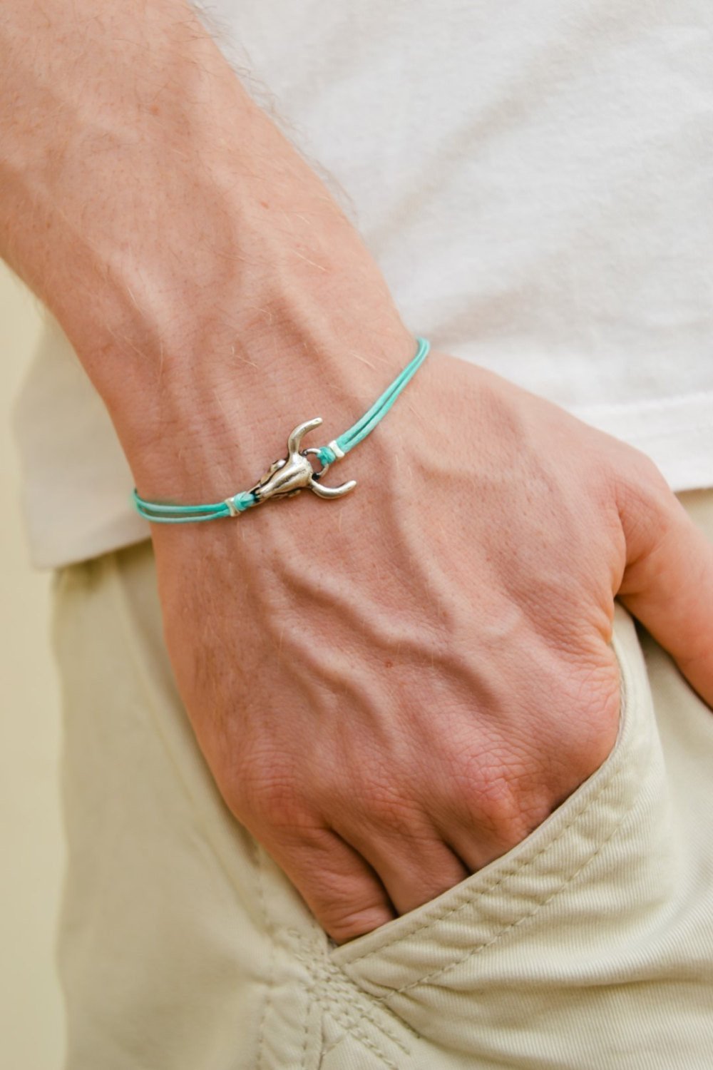 Primary image for Bull skull head bracelet for men, silver charm, turquoise string, gift for him