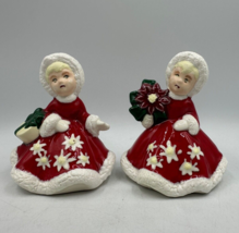 VTG Christmas Girls Ceramic Figurines Red Poinsettias Purse Presents Dat... - $18.29