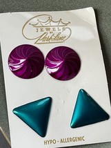Vintage Park Lane Teal &amp; Purple Enamel Triangle &amp; Swirly Circles Post Earrings - £8.92 GBP
