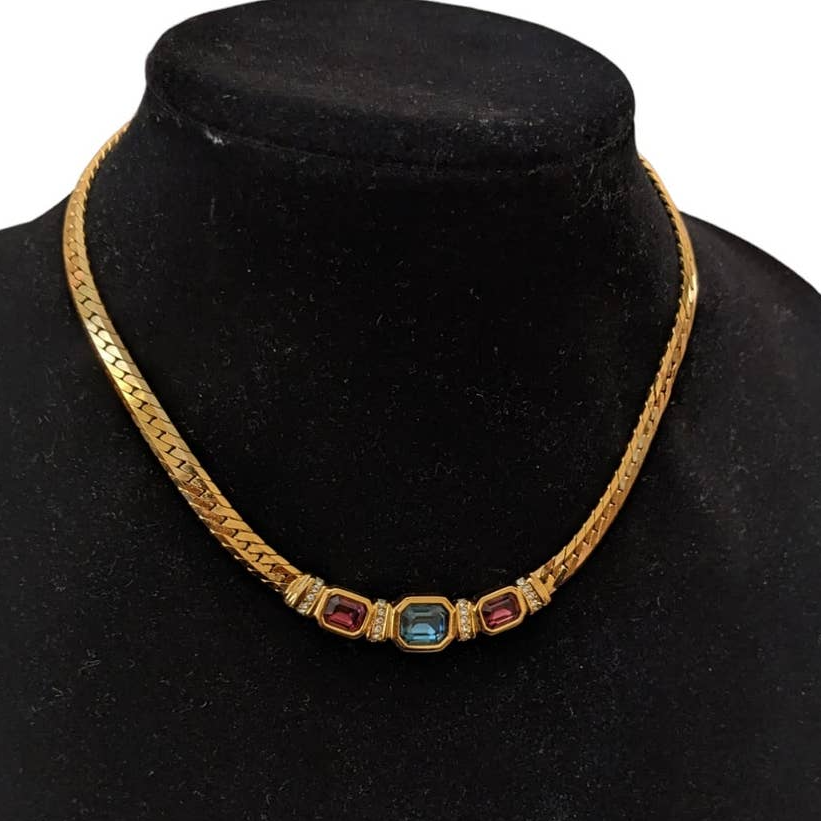 Christian Dior 3 Crystal Emerald Baguette Gold Tone Necklace Vintage Signed Rare - $594.00
