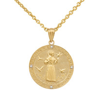 14K Solid Gold St Francis of Assisi Circle Medallion Diamond Pendant Necklace  - £327.11 GBP+