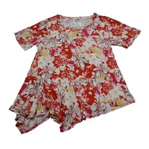 Rose Olive Shirt Womens 2X Red Floral Pleated Round Neck Short Sleeve Top - £18.18 GBP