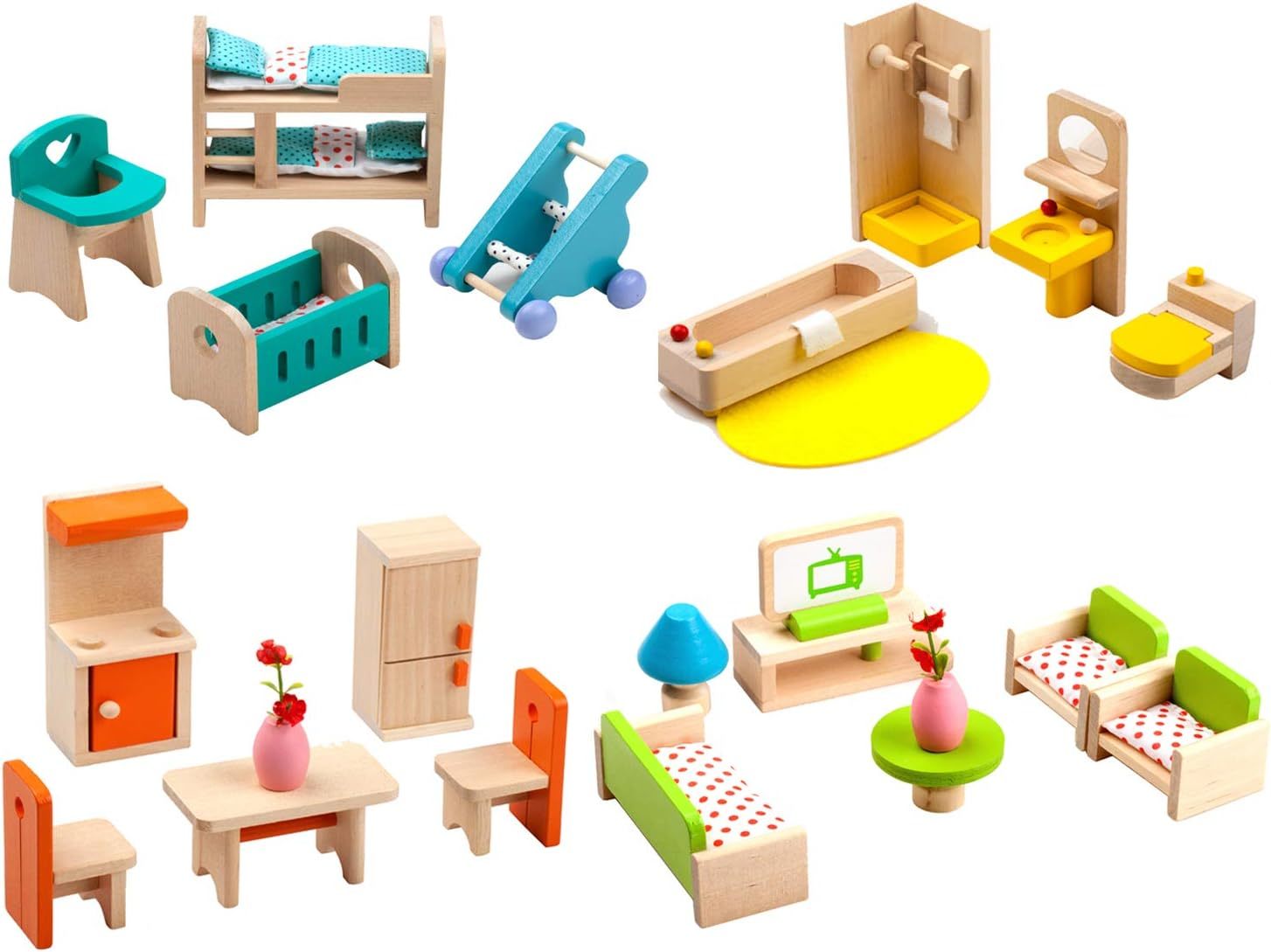 Giraffe 4 Set Colorful Wooden Doll House Furniture, Wood Miniature - $43.95