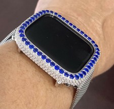 Bling Apple Watch 4/5/6/SE Bezel Face Case Blue Zirconia Diamond Silver ... - £52.52 GBP