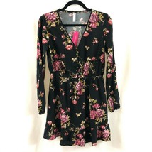 Xhilaration Mini Dress Floral Long Sleeve V Neck A Line Black Pink Size S - £7.78 GBP