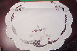 Christmas Bells doily, off white, white silk embroidered, golden bells [... - $19.80