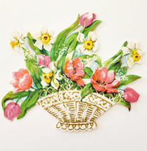 1960-70s Flower Basket Die Cut Bouquet Ephemera Thin Paper Embossed Vint... - $19.99