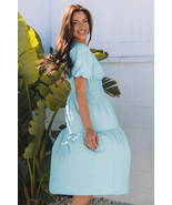 Light Blue Puff Sleeve Pleated High Waist Flowy Midi Dress - $509.80 MXN