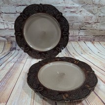 Elama Dinner Plates Round Brown Beige 10 1/4&quot; Embossed Stoneware 2 pc Re... - £12.86 GBP