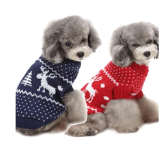 Festive Holiday Pet Sweater - Blue And Red Christmas Reindeer Design - $14.95