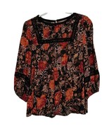 Maurices Black Rust Floral Long Sleeve Blouse Square Embroidered Neck Si... - $14.03