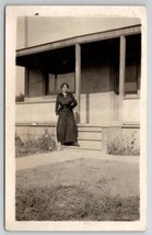 RPPC Edwardian Woman In Dress On Porch Steps c1910 Real Photo Postcard R24 - £6.25 GBP