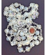Crystal Clear Beads Rosary Catholic Necklace Holy Soil Medal with Crucifix - £10.84 GBP