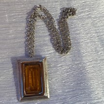 Estate Silvertone Double Cable Chain w Large Amber Glass Rectangle Pin Pendant - £9.74 GBP