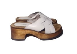 Candies Chunky Wooden Platform Sandals Size 7 White Leather Strappy Vint... - £26.57 GBP