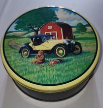 Vintage Metal Round 7.25 Inch Cookie Tin Bear Anique Car Barn Tree Country Scene - £12.60 GBP