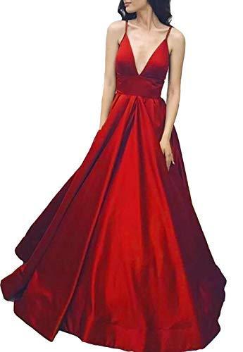 Spaghetti Straps Deep V Neck A Line Long Formal Prom Evening Dresses Red US 6