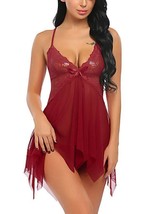 Charming Lingerie Lace Burgundy Chemise With Asymmetrical Hemline - Medium image 3