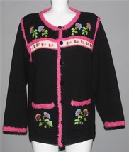 VTG Storybook Beaded Embroidered Flowers 2-Pkt Pink Trim Long Cardigan Wm&#39;s M - £34.36 GBP