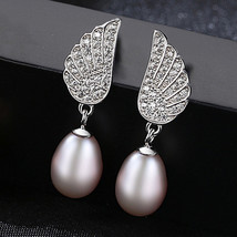 Wings Pearl Earrings S925 Silver Freshwater Pearl Angel Wings Earrings Pave - £25.57 GBP