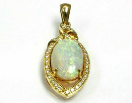 4Ct Fire Opal &amp; Diamond 14k Yellow Gold Over Halo Drop Pendant 1.2&quot; No Chain - £81.60 GBP