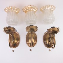 3 Vintage Mid-Century Wall Sconce Lamps Brass &amp; Amber Ombre Ruffle Glass Shades - £237.27 GBP