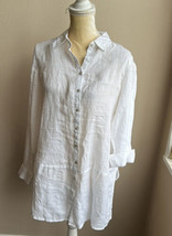 Tahari Womens Sz M Linen Shirt Tunic Top Nwt White Roll Tab Sleeve - £33.96 GBP