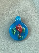 Estate Aqua Blue w Red Trumpet Flower Fused Art Glass Round Pendant  – one inch  - £11.80 GBP