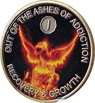 Recoverychip 1 Year Out Of The Ashes Of Addiction Color Phoenix Rising From Flam - £10.89 GBP