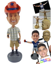 Personalized Bobblehead Man Wearing T-Shirt With Cargo Shorts With A Cowboy Hat  - £71.41 GBP