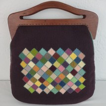 Vtg OOAK Needlepoint Handbag Wood Handle Plaid Geometric Handmade Vtg 1970s - £31.93 GBP