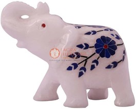 3&quot; Marvulesh Inlaid Wild Elephant Lapis Gemstone Floral Art Bedroom Decor Gifts - £85.28 GBP