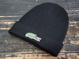 Lacoste Cuffed Fold Black Logo Wool/Acrylic Beanie Hat - £29.43 GBP