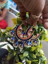 Indian Bollywood Style Kundan Enameled Bali Hoop Earrings Royal Blue Jhumka Set - £22.89 GBP
