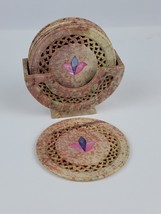 Vintage Marble w/ Inlay Coaster set w/ holder hand carved pink color stone - £82.29 GBP