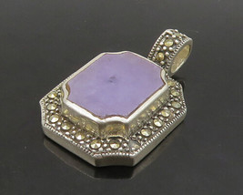 925 Sterling Silver - Vintage Purple Chalcedony &amp; Marcasite Pendant - PT19321 - £27.95 GBP