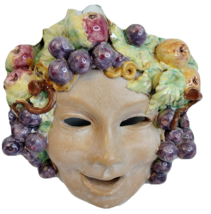 Italian Majolica Roman Mask Bacchus Garden, Wine Grapes Face Wall Hanging Art... - £62.71 GBP