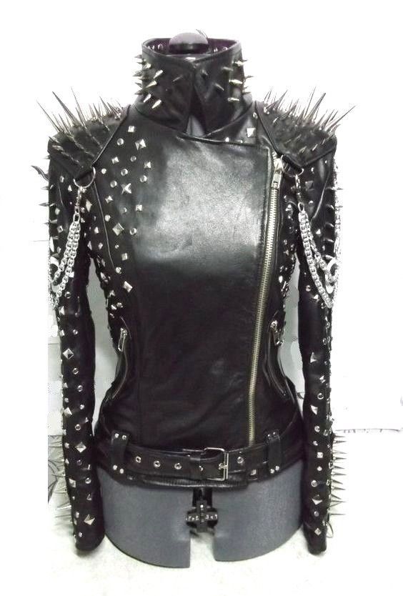 Women Leather Long Spiked Silver Studded Jacket Studs Spike Belted Punk Party