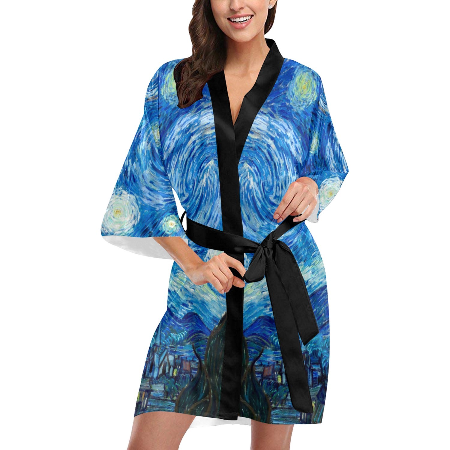 Starry Night Van Gogh Short Kimono Robe Bridal Bridesmaid Wedding