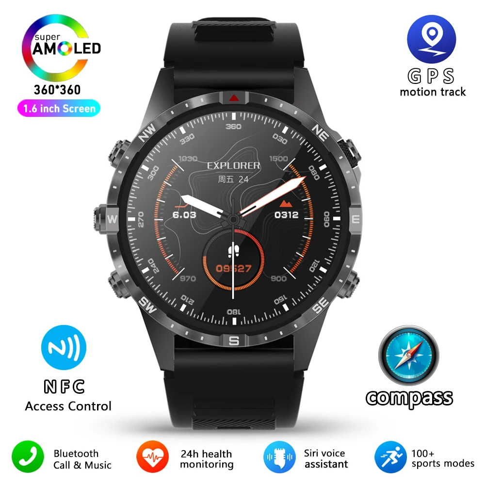 Outdoors Compass Smart Watch Men GPS Tracker 5keys 1.6 Inch AMOLED 360*3... - $70.26
