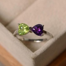 Natural Amethyst  &amp; Peridot Promise Ring 14K White Gold Plated Minimalist Jewely - £47.74 GBP